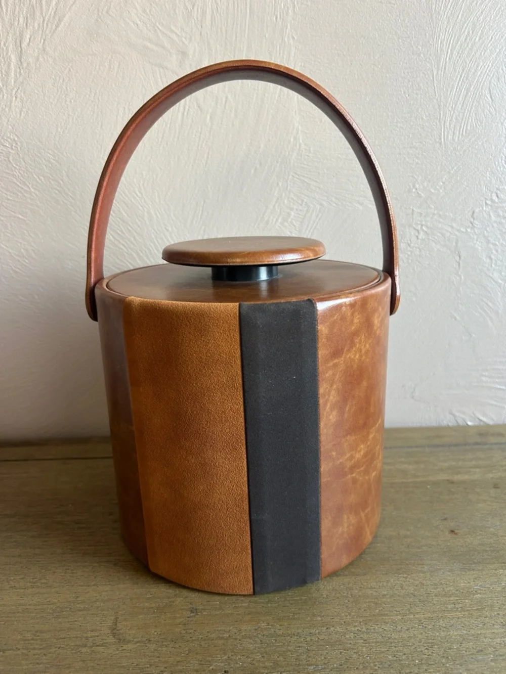MCM Brown Leather Cylindrical Ice Bucket With Black Accent Made in L. A. USA.